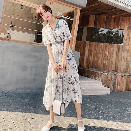 春夏 ドレス ロングドレス ワンピース 袖あり 半袖 Vネック シフォン ボヘミアン カジュアル リゾート 街角のカフェテラス