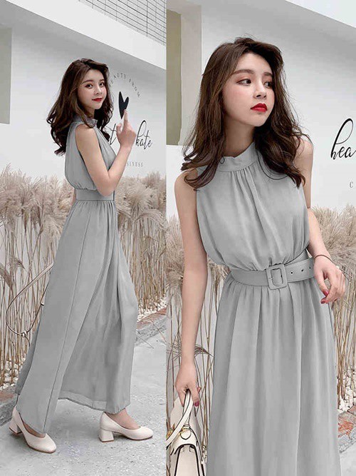 ワンピース ドレス ハイネック ノースリーブワンピース ハイウエスト ロングスカート ベルト付き 無地 シンプル シフォン パーティ お呼ばれ 二次会 食事会 婚活 Canzone カンツォーネ