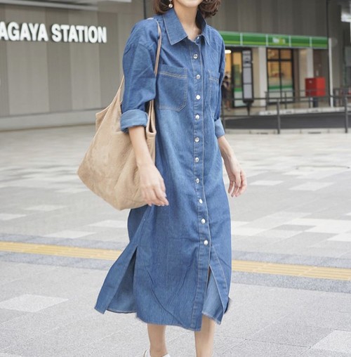 新作 ワンピース デニム シャツワンピ 長袖 ロング丈 スカラップ ガーリー カジュアル Ladiesfashion Kandk
