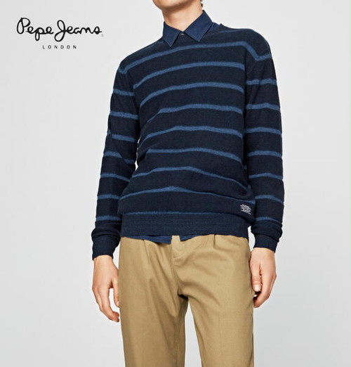 ペペジーンズ ニット セーター クルーネック ボーダー メンズ トップス PEPE JEANS LONDON DAREN STRIPED JUMPER BLUE PRINT【正規取扱店】