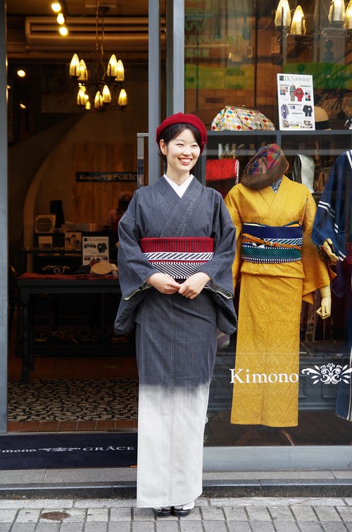 Iksコレクション単衣着物 グラデーションデニム Bk 七緒秋号掲載 キモノグラース