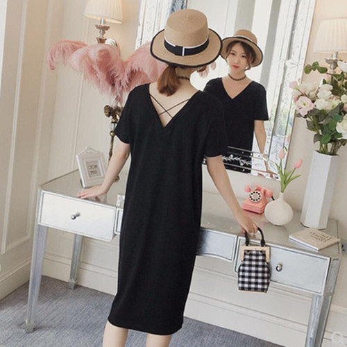 送料無料 ワンピース ひざ下丈 ミディ丈 ロングワンピース 半袖 バックシャン 背中あき Iライン ゆったり 大きいサイズ 体型カバー 着痩せ カジュアル ラフ ナチュラル 大人カジュアル 春夏 デイリー お出かけ 女子会 デート 部屋着 普段着 マタニティ 妊婦服 Eine Katze