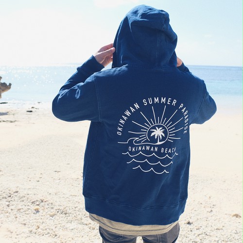 OKINAWAN BEACH ➡︎ back print Nami Indigo Denim Zip Parker OKINAWAN BEACH ➡︎ back print Nami Indigo Denim Zip Parker