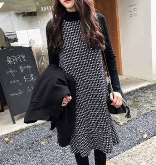 送料無料 セットアップ ワンピース ウール素材 千鳥格子 ブラック かわいい 秋 冬 サイズ豊富 コリアンスタイル ツーピース Eine Katze