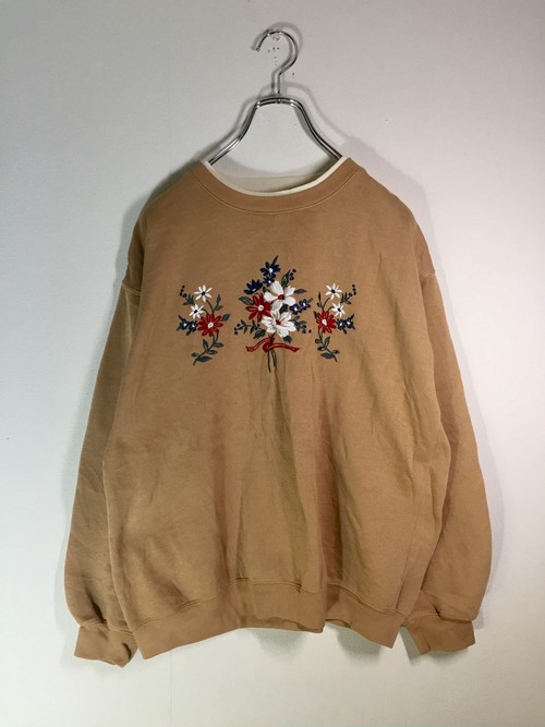 デザインスウェット 花柄 刺繍 二重襟 古着屋 Kafuca