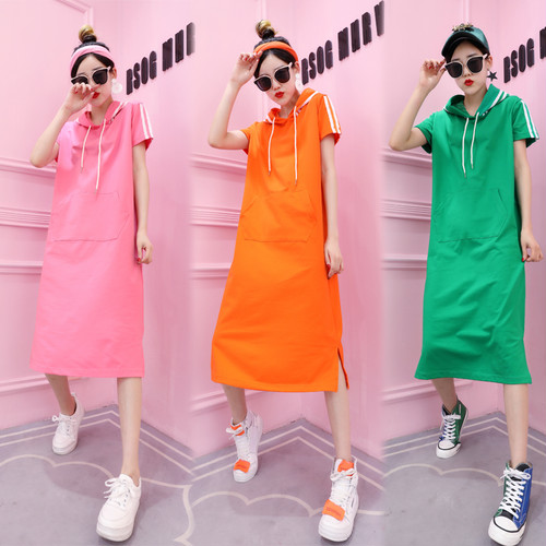 サイドライン パーカーワンピース 韓国ファッション レディース フード ワンピース ピンク オレンジ グリーン ロング丈