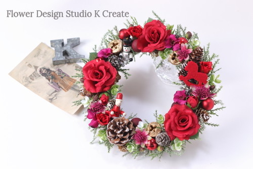 楽しいノエルなクリスマスリース 　クリスマス リース 薔薇 シャビー サンタ
