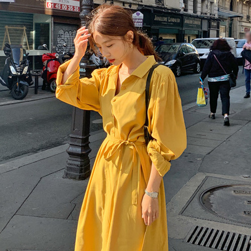 送料無料 シャツワンピース ワンピース ロング丈 長袖 襟付き シャツワンピ ゆったり ふんわり イエロー ピンク フェミニン カジュアル 大人可愛い 爽やか ナチュラル 春 お出かけ デート 女子会 普段着 ママコーデ レイヤード Eine Katze