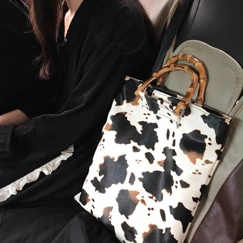 cow bamboo handle tote cow bamboo handle tote