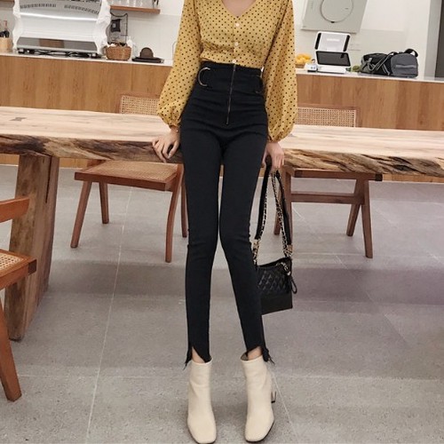 ボトムス セクシースリムワンピースハイウエスト切り替えファスナー細見え高見えデニムパンツ Koagirl