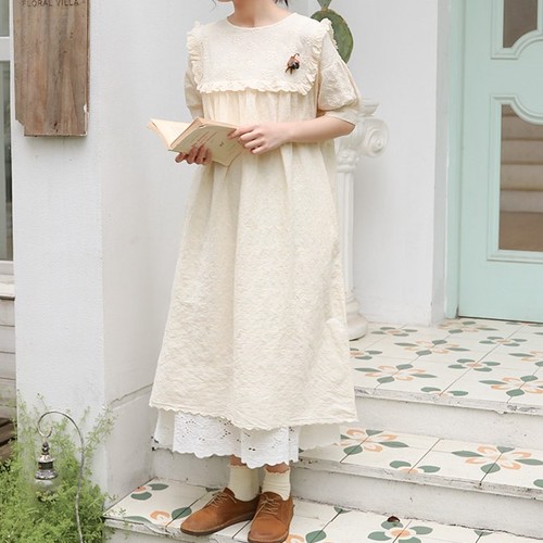 フリルヨークワンピース 1039 Lehtia レフティア 淡色レトロなナチュラルスタイル