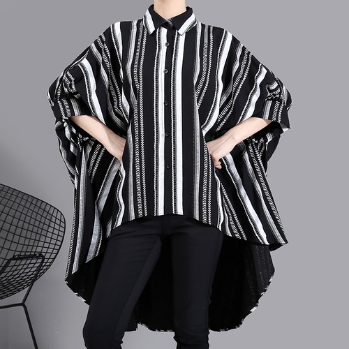 アシンメトリー ロングシャツ ブラウス ストライプ柄 半袖 韓国ファッション レディース 不規則デザイン シャツ トップス 大きいサイズ 大人カジュアル 大人可愛い