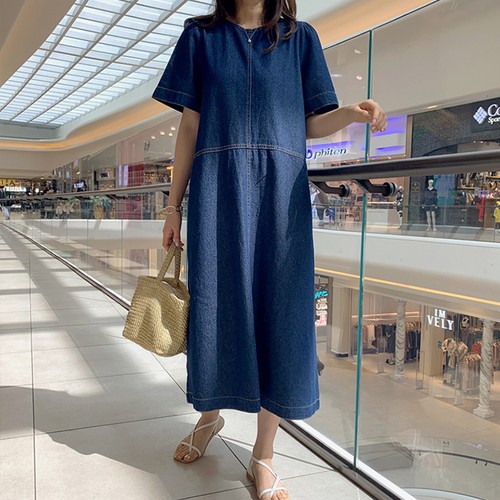 2color 半袖 デニム ワンピース ロング丈 カジュアル スポーティー 春夏 お出かけ Qrea Style