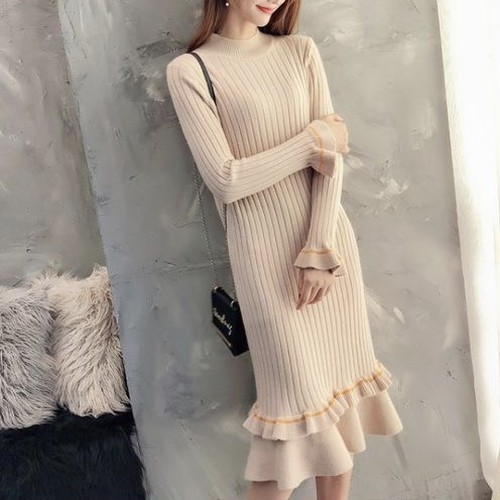 裾フリルロングニットワンピース Amiable Official