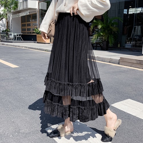 495 個性的でエレガントなメッシュレースとベルベットのフリルスカート ブラック 海外のプチプラきれいめカジュアルレディースファッション Pakaian Lucu 海外のプチプラきれいめカジュアルレディースファッション Pakaian Lucu