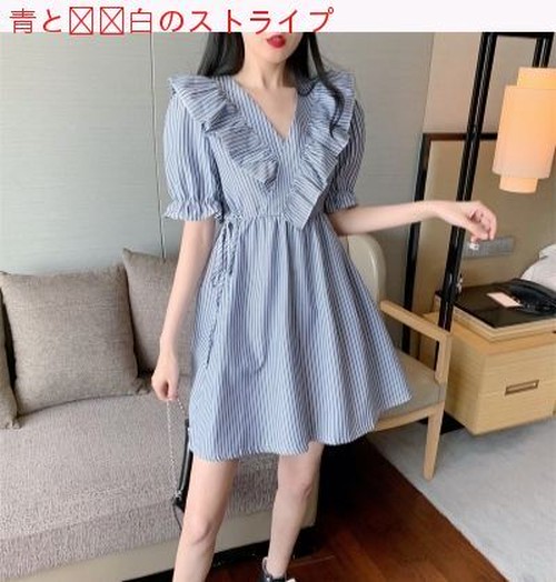 送料無料 ストライプス パフ 襟 フリル ひもあり ウエストマーク ワンピース 364331 A63086 4876302 韓国レディースファッション通販 Whidy