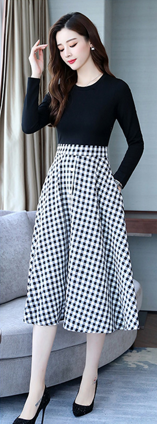 ワンピース きれいめ チェック ロング丈 バイカラー ドッキングワンピース Aライン ワンピース 秋 エレガント Star Train