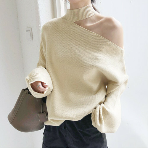 即納 アイボリー フリーサイズ ロングニットドレス 秋冬 ゆるコーデ セクシー 長袖 ワンショルダー コールドショルダー 吊りネック 緩い ロングセータードレス アシンメトリー ニット レディース レディースファッションsunflower