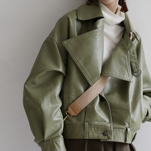 back slit button earth green leather jacket back slit button earth green leather jacket