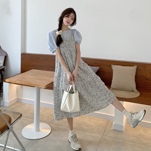 送料無料 夏 フローラル ベスト ワンピース 気質 パフ トップス シフォン 長いスカート セット A 韓国レディースファッション通販 Whidy