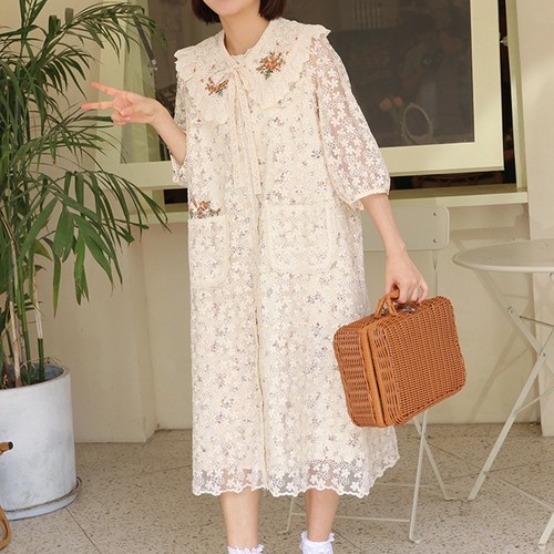 総レース付け襟ワンピース 1709 Lehtia レフティア 淡色レトロなナチュラルスタイル