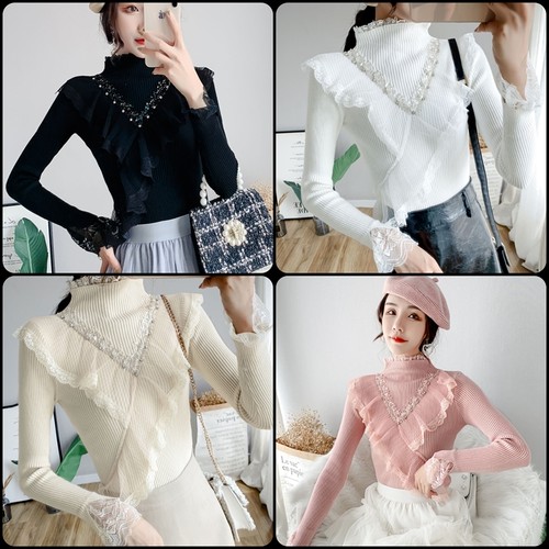 ガーリー系 レースが可愛い長袖セーター ビジュー ハイネック こなれ感 大人可愛い 30代40代 韓国風 春 お出かけや女子会にも 街角のカフェテラス