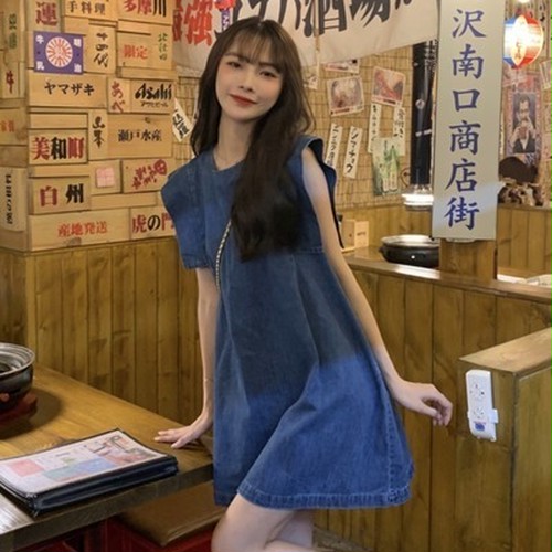 送料無料 ノースリーブベスト デニム ワンピース 女 夏 フランス語 アンティーク A 韓国レディースファッション通販 Whidy