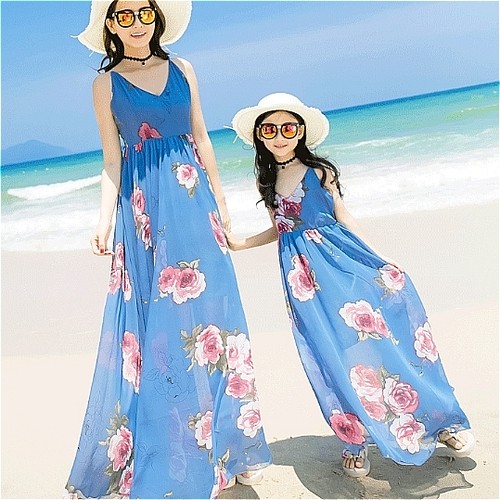 親子コーデ ピンク花柄ボヘミアンワンピース Kurmy