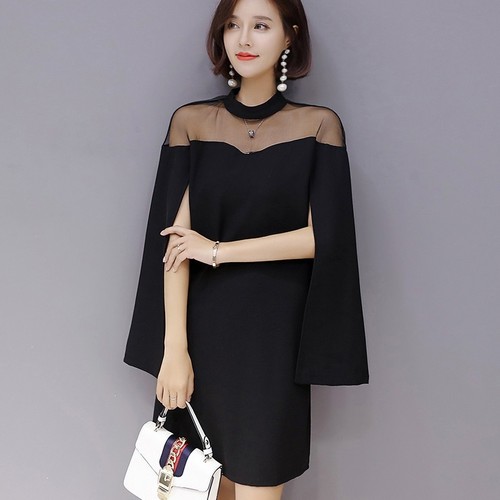 送料無料 ワンピース ミニ丈 ショート丈 ドレス ケープ ボトルネック ハイネック シースルー 透け感 パーティードレス 二の腕カバー 体型カバー Iライン きれいめ 上品 エレガント 大人女子 フェミニン 春夏 結婚式 二次会 ウエディング パーティー 結婚式ドレス