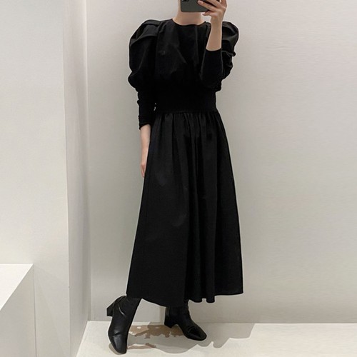 送料無料 ワンピース ロング丈 ミモレ丈 長袖 パフスリーブ パワショル 袖コンシャス Aライン ギャザー ロングドレス お洒落 こなれ感 フェミニン ナチュラル トレンド 春 デート 女子会 モテコーデ デイリー 着まわし 通勤 通学 Eine Katze