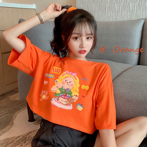 Tシャツ 半袖 ショート丈 オレンジ 韓国ファッション レディース トップス ラウンドネック プリント かわいい カジュアル シンプル ガーリー