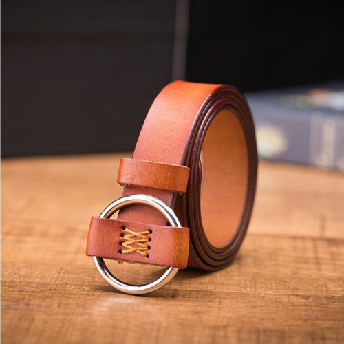 本革 リングベルト メンズ レディース レザーベルト オシャレ ウエストマーク ビジネス カジュアル リングバックル ピン無し シンプル サッシュベルト キャメル 110cm Mai 14 S Select