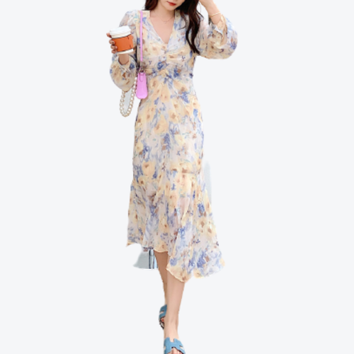 花柄シフォン長袖ワンピース Mirocolorer