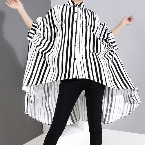アシンメトリー シャツ ブラウス ストライプ柄 韓国ファッション レディース 不規則デザイン トップス 大きいサイズ 大人カジュアル 大人可愛い