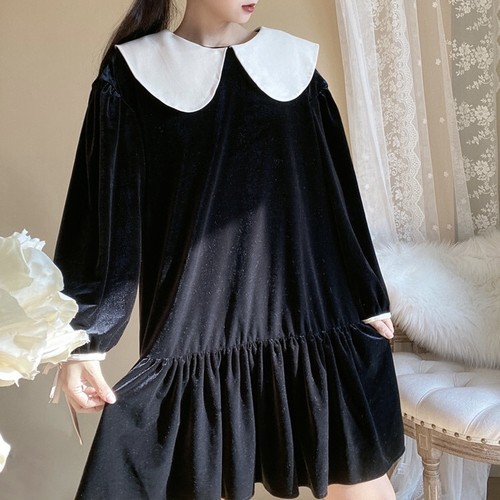 oval collar velours midi one piece oval collar velours midi one piece