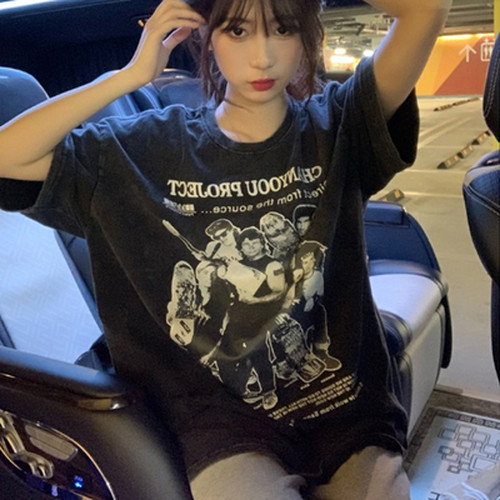 送料無料 アメリカン レトロ黒 半袖tシャツ 女 夏 韓国風 松 ミディ丈 半 A 韓国レディース ファッション通販 Whidy