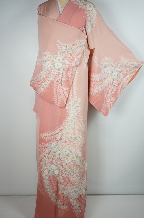 美品 正絹 トールサイズ“菊や桜、萩や笹が枝を振る木蘭色”訪問着