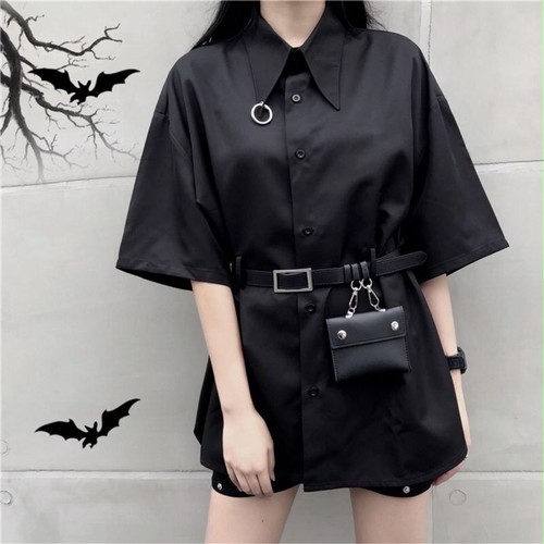 シャツ ブラウス 半袖 ベルト付き ミニバッグ付き 韓国ファッション レディース 黒 ブラック ポシェット チュニック