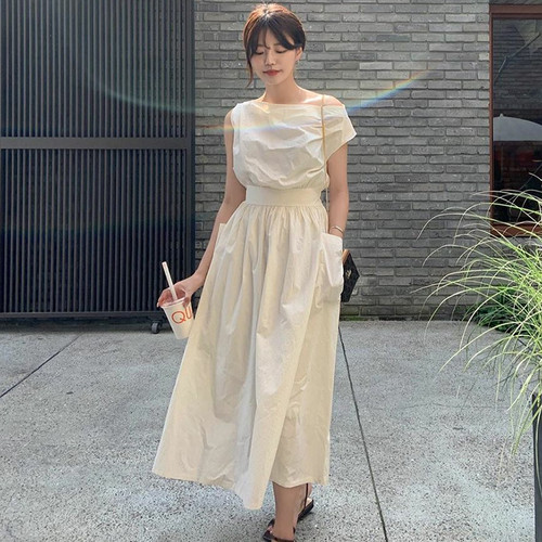 送料無料 ワンピース ロング丈 マキシ丈 ロングワンピース ノースリーブ ボートネック アシンメトリー オフショルダー ポケット付き Aライン ふんわり ガーリー フェミニン 大人可愛い ナチュラル きれいめ 夏 リゾート 海 ビーチ お出かけ 旅行 ママコーデ 通勤 通学