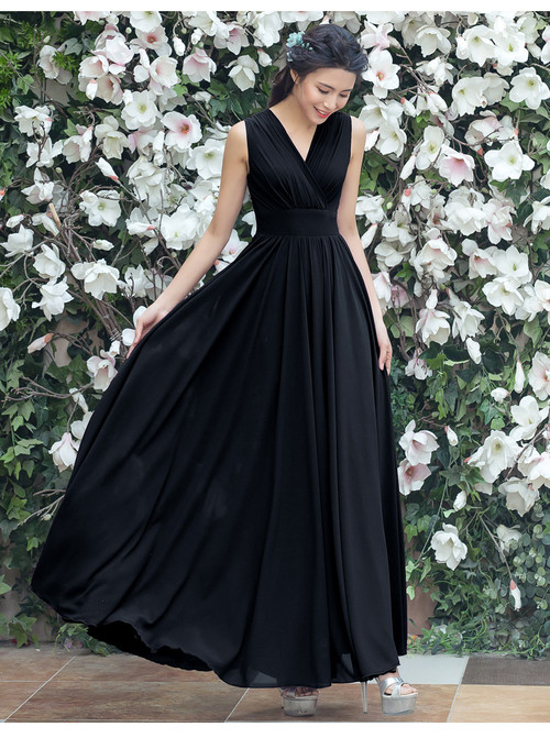 ドレス フレア ロング シフォン ワンピース Vネック パーティ 演奏会 エレガント 春夏 Eine Katze