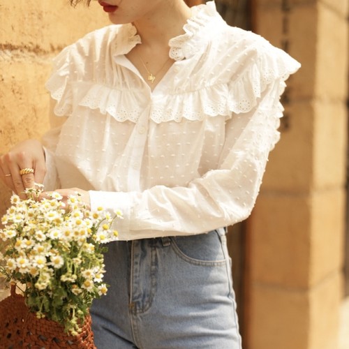 dot pattern décolleté line frill blouse dot pattern décolleté line frill blouse