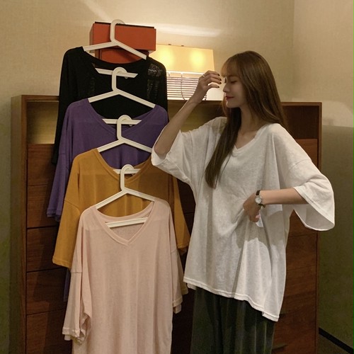 5カラー Tシャツ 薄手 透け感 半袖 韓国ファッション レディース トップス Vネック オーバーサイズ カジュアル ガーリー ストリート