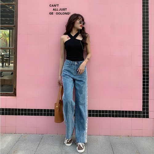 サイドラインフレアデニムパンツ カジュアル 可愛い お洒落 春物 街角のカフェテラス