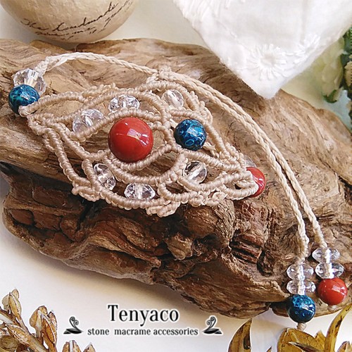 レッドジャスパーとブルークリソコラのマクラメビーズブレスレット
