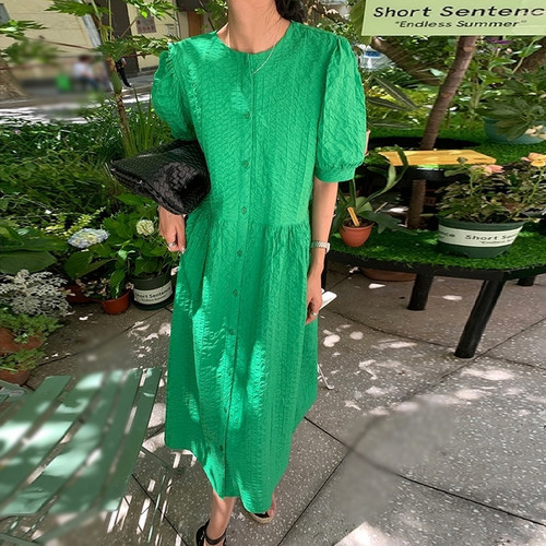 パフスリーブフロントボタンワンピース 3色 半袖 ミモレ丈 ゆったり 可愛い Graces By Yuu