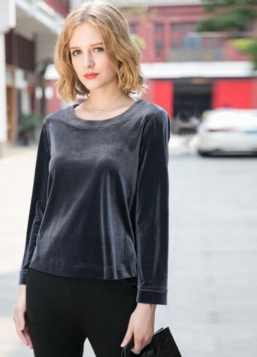 光沢感が美しい カットソー ベルベット 無地 ゆったり 大きいサイズ 黒 上品 M 6l レディース トップス 秋冬 海外のおしゃれな大人の レディースファッション通販サイトhanano Emon