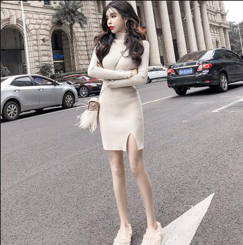 ハイネック お呼ばれ 膝上丈 パーティードレス レース付きニットワンピース 通勤 タイト お出かけワンピース 846 長袖 タートルネック スリット入り ニットワンピース ミニワンピース Whisky37