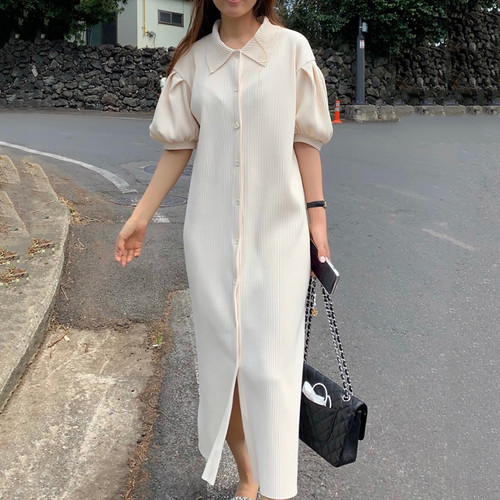 送料無料 ワンピース ロング丈 ミモレ丈 ロングワンピース 半袖 パフスリーブ ボリューム袖 襟付き Iライン ゆったり 体型カバー お洒落 こなれ感 カジュアル フェミニン レトロ ガーリー ナチュラル 大人可愛い 春夏 デート 女子会 モテコーデ デイリー 着まわし 通勤