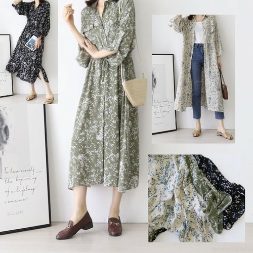 花柄のシャツワンピース シフォン ふんわり袖 小花柄 黒 白 緑 ロングワンピース 秋冬 海外のおしゃれな大人のレディースファッション通販サイトhanano Emon