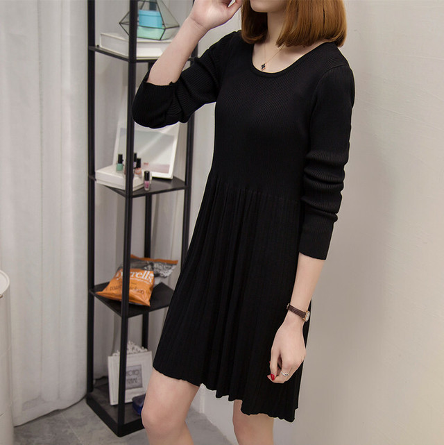 ニットワンピース プリーツスカート ミディアム丈 ミニワンピース ラウンドネック リブニット ハイウエスト チュニック シンプル レイヤード ゆったり 大きめサイズ かわいい きれいめ 上品 甘め デート おでかけ Crystalhk
